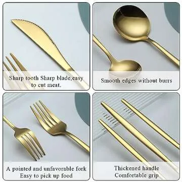 Evanda Gold Silverware Set 60 Piece Service for 12, Titanium Gold Plated Stainless Steel Flatware Set, Knives Forks Spoons Cutlery Set for Wedding, Parties, Birthday, Restauroom, Dishwasher Safe