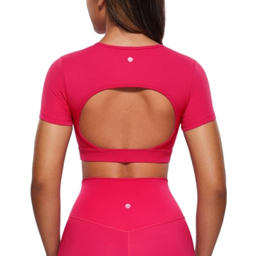 CRZ YOGA Womens Butterluxe Double Lined Open Back Crop Tops Backless Short Sleeve Workout Top Casual...