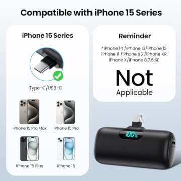 Mini Portable Charger 5000mAh Power Bank,15W PD USB C Cell Phone Portable Power,LCD Display Battery Pack Compatible With iPhone 16/15/15 Plus/15 Pro/15 Pro Max/Android/Samsung/Moto/LG(Type-C Only)