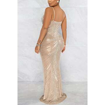 WOKANSE Women Sexy Spaghetti Strap See Through Rhinestone Bodycon Slim Long Dress for Party Club Apr...