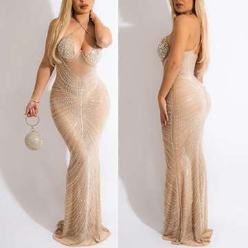 WOKANSE Women Sexy Spaghetti Strap See Through Rhinestone Bodycon Slim Long Dress for Party Club Apricot