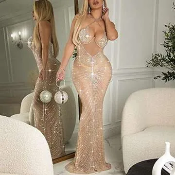 WOKANSE Women Sexy Spaghetti Strap See Through Rhinestone Bodycon Slim Long Dress for Party Club Apricot