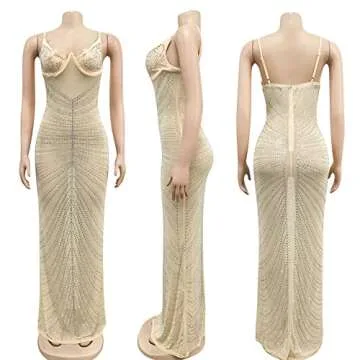 WOKANSE Women Sexy Spaghetti Strap See Through Rhinestone Bodycon Slim Long Dress for Party Club Apricot