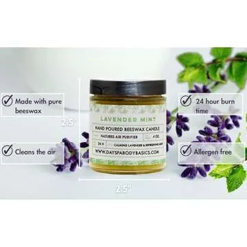 Lavender Mint Hand-Poured Beeswax Candle - All-Natural Essential Oil Scented, Cotton Braided Wick, S...