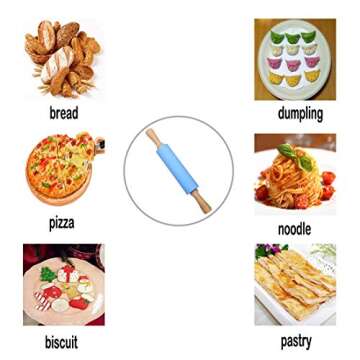 Silicone Rolling Pin for Baking Non-stick Surface Wooden Handle 15.15x2.17 inch with Free Measure Spoon(Blue)