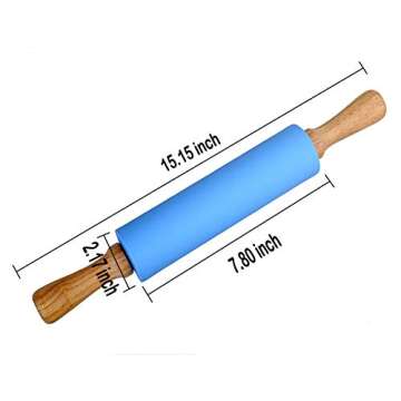 Silicone Rolling Pin for Baking Non-stick Surface Wooden Handle 15.15x2.17 inch with Free Measure Spoon(Blue)