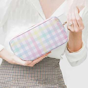 MONOBLANKS Nylon Small Makeup Pouch Bag Cute Travel Cosmetic Bag for Women（Plaid）