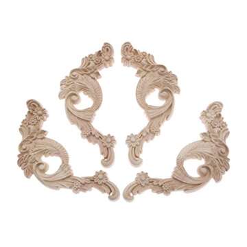 Wood Carved Appliques Wooden Onlays, 2 Pairs Unpainted Decorative Carving Furniture Decals Frame Decor for Door Wall Cabinet Dresser Fireplace Ceiling Bed Home DIY Project, 20x8.5cm/7.87"x3.35"