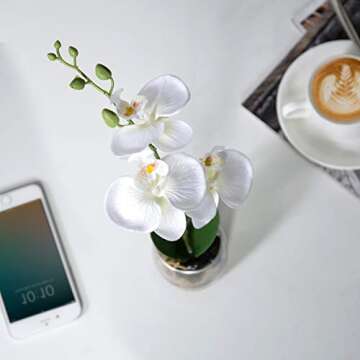 MyGift Synthetic White Silk Orchid in Glass Vase - 12-Inch