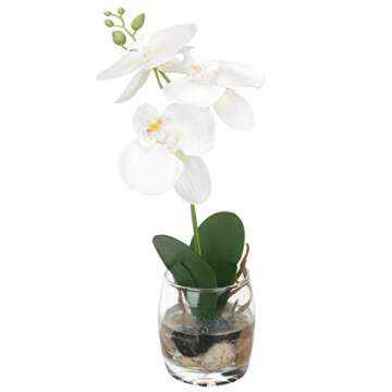 MyGift Synthetic White Silk Orchid in Glass Vase - 12-Inch