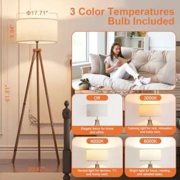 LiteHistory Wood Tripod Floor Lamps for Living Room, Bedroom, and Office,Standing lamp with Beige Linen Shade, 12W Three-Color Bulb Included, Pull Chain Switch, Tall lamp for Home Decor, Brown