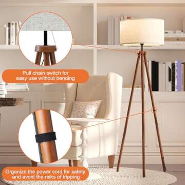 LiteHistory Wood Tripod Floor Lamps for Living Room, Bedroom, and Office,Standing lamp with Beige Linen Shade, 12W Three-Color Bulb Included, Pull Chain Switch, Tall lamp for Home Decor, Brown