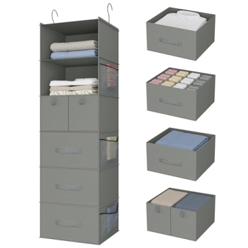 Bosuelife 6-Shelves Hanging Closet Organizer with 5 Different Drawers, Foldable Closet Organizers an...