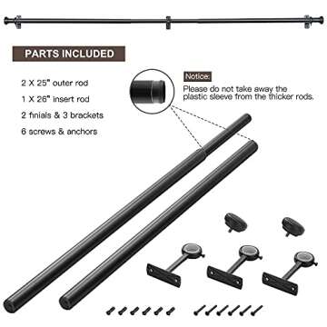 1 Inch Black Window Curtain Rod 36 to 72 Inches, Single Rust Resistant Indoor/Outdoor Drapery Rod for Heavy Fabrics, Clean Designed Finials and Mounting Brackets Included(Matte black,36-72")