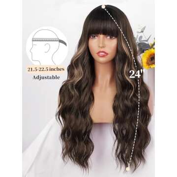 AISI QUEENS Brown Wig with Bangs for Women Long Wavy Hair Wig Brown Highlight Wig Curly Wavy Synthet...