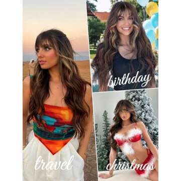 AISI QUEENS Brown Wig with Bangs for Women Long Wavy Hair Wig Brown Highlight Wig Curly Wavy Synthetic Wigs for Girls Daily Party Use