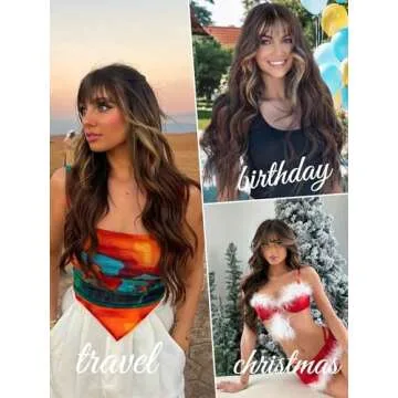 AISI QUEENS Brown Wig with Bangs for Women Long Wavy Hair Wig Brown Highlight Wig Curly Wavy Synthetic Wigs for Girls Daily Party Use