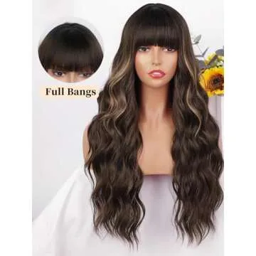 AISI QUEENS Brown Wig with Bangs for Women Long Wavy Hair Wig Brown Highlight Wig Curly Wavy Synthetic Wigs for Girls Daily Party Use