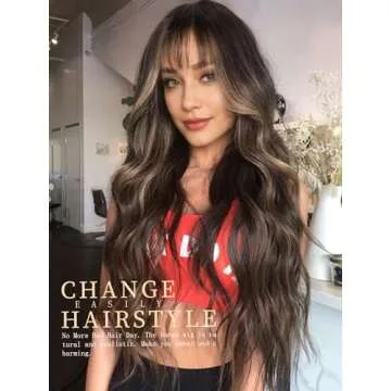 AISI QUEENS Brown Wig with Bangs for Women Long Wavy Hair Wig Brown Highlight Wig Curly Wavy Synthetic Wigs for Girls Daily Party Use