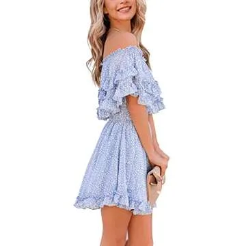 Fazortev Womens Flowy Off Shoulder Dress Summer Ruffle Smocked Casual Square Neck Elastic Waist Mini Dress Blue