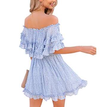 Fazortev Womens Flowy Off Shoulder Dress Summer Ruffle Smocked Casual Square Neck Elastic Waist Mini Dress Blue