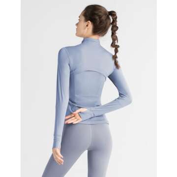 Gacaky Women's Slim Fit Workout Running Track Jackets Full Zip-up Yoga Athletic Jacket with Thumb Holes Light Blue S