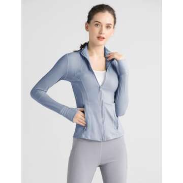 Gacaky Women's Slim Fit Workout Running Track Jackets Full Zip-up Yoga Athletic Jacket with Thumb Holes Light Blue S