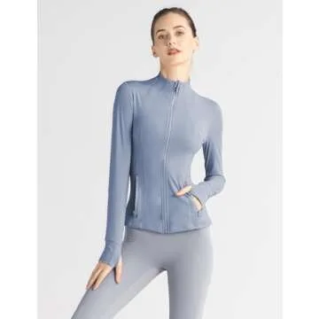 Gacaky Women's Slim Fit Workout Running Track Jackets Full Zip-up Yoga Athletic Jacket with Thumb Holes Light Blue S