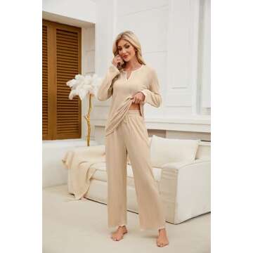 Blooming Jelly Womens 2 Piece Pajama Sets Flannel Soft Fleece Cozy Sleepwear V Neck Drawstring Loungewear (M, Beige)