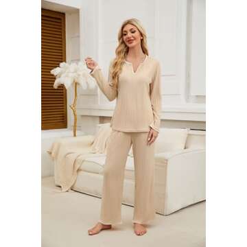 Blooming Jelly Womens 2 Piece Pajama Sets Flannel Soft Fleece Cozy Sleepwear V Neck Drawstring Loungewear (M, Beige)