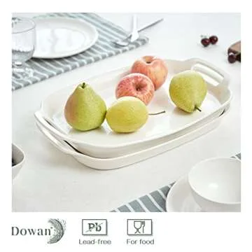 DOWAN Serving Tray with Handles, 15.4" Large Platters for Wedding Decor, Porcelain Serving Dish for Entertaining, White Plates for Salad Meat Fruit Dessert, Set of 2