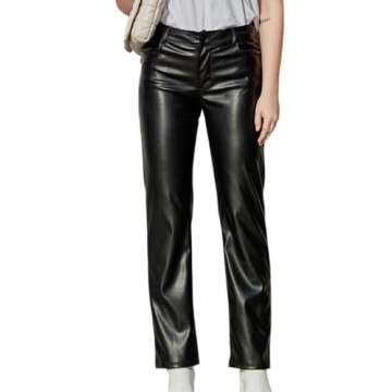 Balleay Art Faux Leather Pants for Women, Straight Leg Mid Waist Butt Lift Elastic Black Pants with 5 Pockets (Black, X-Small)
