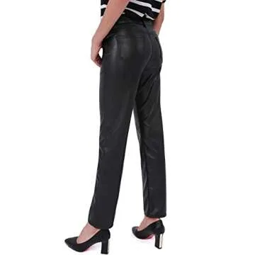 Balleay Art Faux Leather Pants for Women, Straight Leg Mid Waist Butt Lift Elastic Black Pants with 5 Pockets (Black, X-Small)