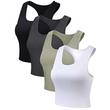 Boao 4 Pieces Basic Crop Tank Tops Sleeveless Racerback Crop Top for Women (Black, White, Grey, Olive Green, Large)