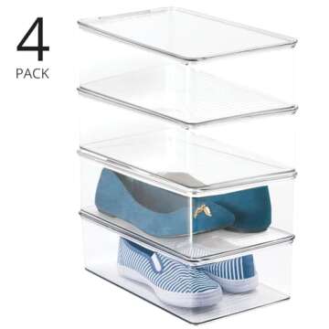 mDesign Plastic Closet Organizer Box Containers with Hinged Lid for Bedroom Shelves/Cabinets, Holds Flats, Sandals, Sneakers, Dress Shoes, Heels, Booties, and Wedges, Ligne Collection, 4 Pack, Clear
