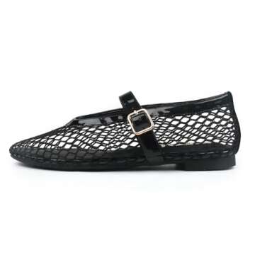 JOY IN LOVE Mesh Ballet Flats for Women Buckle Strap Round Toe Mary Jane Shoes Black US6.5