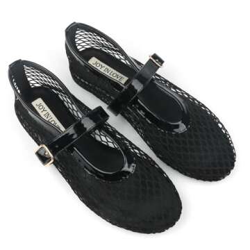 JOY IN LOVE Mesh Ballet Flats for Women Buckle Strap Round Toe Mary Jane Shoes Black US6.5