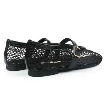 JOY IN LOVE Mesh Ballet Flats for Women Buckle Strap Round Toe Mary Jane Shoes Black US6.5