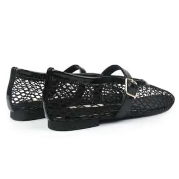 JOY IN LOVE Mesh Ballet Flats for Women Buckle Strap Round Toe Mary Jane Shoes Black US6.5