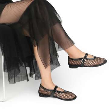 JOY IN LOVE Mesh Ballet Flats for Women Buckle Strap Round Toe Mary Jane Shoes Black US6.5