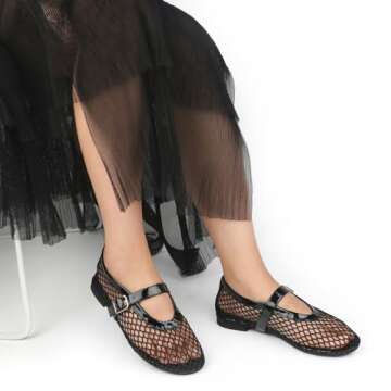 JOY IN LOVE Mesh Ballet Flats for Women Buckle Strap Round Toe Mary Jane Shoes Black US6.5