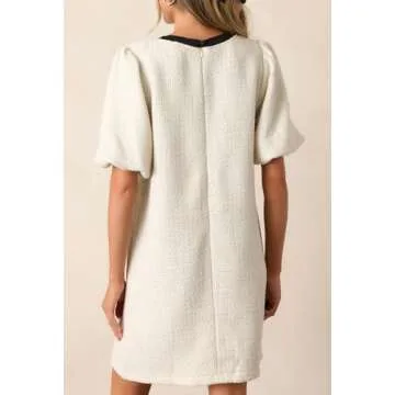 SCOFEEL Women's Tweed Jackie Dress Elastic Short Sleeve Crewneck Elegant Mini Dress Bow Pockets Ivory