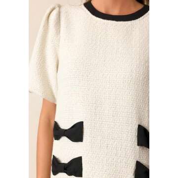 SCOFEEL Women's Tweed Jackie Dress Elastic Short Sleeve Crewneck Elegant Mini Dress Bow Pockets Ivory