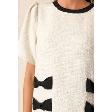 SCOFEEL Women's Tweed Jackie Dress Elastic Short Sleeve Crewneck Elegant Mini Dress Bow Pockets Ivory