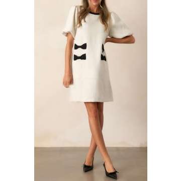 SCOFEEL Women's Tweed Jackie Dress Elastic Short Sleeve Crewneck Elegant Mini Dress Bow Pockets Ivory