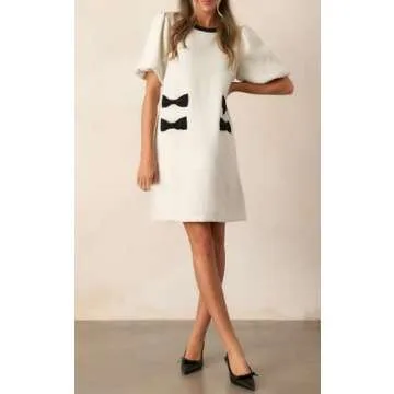 SCOFEEL Women's Tweed Jackie Dress Elastic Short Sleeve Crewneck Elegant Mini Dress Bow Pockets Ivory