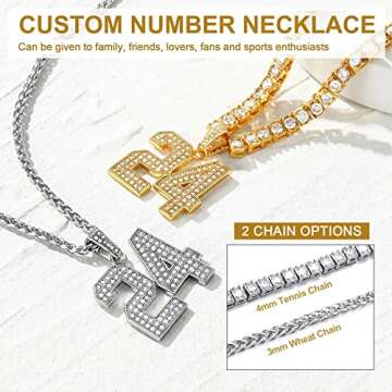 KeyStyle Personalized Team Number Necklace For Men, Custom 2 Digit Simulated Diamond Bling Hip Hop Numbers Pendant with Tennis Chain