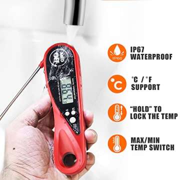Sangaotian Digital Meat Thermometer, Instant Read Cooking Thermometer with Backlight, Magnet, Waterproof & Foldable, Fast & Precise, Ideal for Deep Fry, BBQ & Roast Turkey,Red