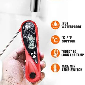 Sangaotian Digital Meat Thermometer, Instant Read Cooking Thermometer with Backlight, Magnet, Waterproof & Foldable, Fast & Precise, Ideal for Deep Fry, BBQ & Roast Turkey,Red