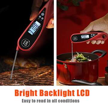 Sangaotian Digital Meat Thermometer, Instant Read Cooking Thermometer with Backlight, Magnet, Waterproof & Foldable, Fast & Precise, Ideal for Deep Fry, BBQ & Roast Turkey,Red